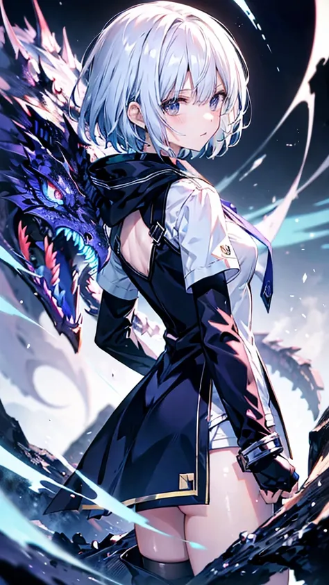 profile background, anime girl, serious face, fringe, short white hair, eyes purple, student clothing, high-res portrait, detailed eyes and face, character, fantasy, with a blue dragon behind, advanced urban, looking from behind at viewer, 4K, high resolut...