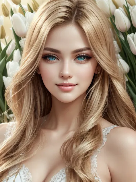 (best quality,ultra-detailed,photo-realistic:1.37),bright and vibrant colors,studio lighting,playful expression,stylish makeup,long blonde hair flowing in the wind,alluring eyes,glossy lips,sexy pose, Tulips, smiling in a confident and seductive way,posing...