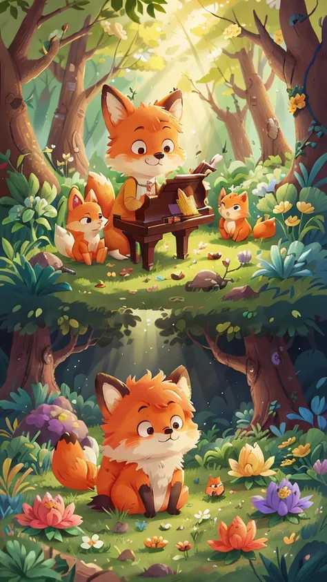 A very cute fox，Surrounded by beautiful little flowers and nature. This illustration is a 4K high-definition illustration，The facial features are rich in detail，Cartoon Style，Cartoon Animals 1.5，Fox playing the piano in the forest