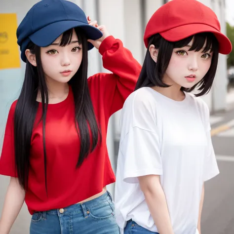 1girl,anime style,hair black with red hat,blue shirt