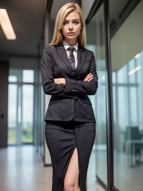 (masutepiece,High quality,16k:1.1),(depth of fields:1.3) ,((front body:1.35)), Ukrainian ,Woman, blonde,makeup,((business suit, black vertical striped pencil skirt )), voluptuous, thicc,(arms crossed:1.5) (wetting herself:1.5), (desperation:1.75),standing ...