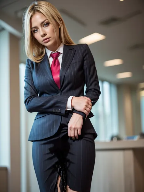 (masutepiece,High quality,16k:1.1),(depth of fields:1.3) ,((front body:1.35)), Ukrainian ,Woman, blonde,makeup,((business suit, black vertical striped pencil skirt )), voluptuous, thicc,(arms crossed:1.5) (wetting herself:1.5), (desperation:1.75),standing ...