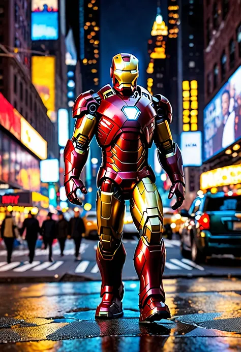 create a prompt of miniature iron man walking around lit up new york city at night