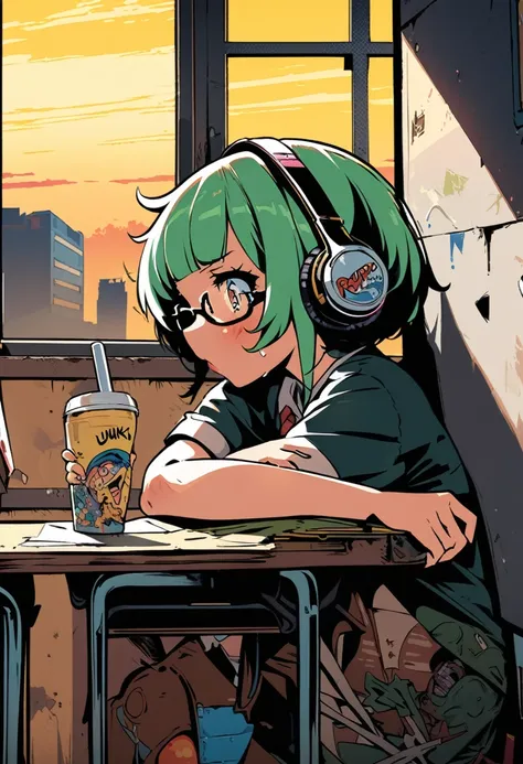 Masterpiece, radical illustration, junk art, girl, okappa hair, headphones, yellow under-rim glasses, looking at the sunset in the corner of the classroom,