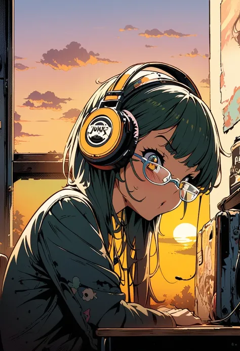 Masterpiece, radical illustration, junk art, girl, okappa hair, headphones, yellow under-rim glasses, looking at the sunset in the corner of the classroom,