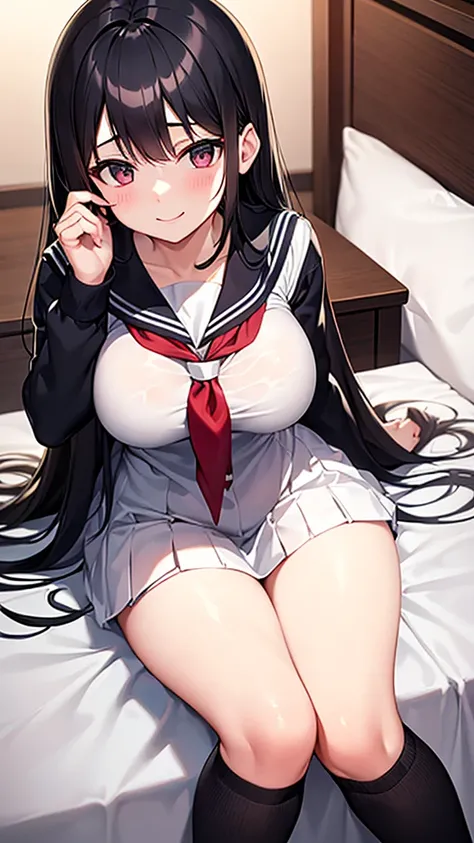 JK　Long Black Hair　smile　Wearing a small sailor uniform　18-year-old　Big Breasts　she　Embrace　sister