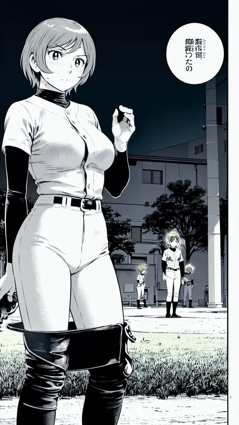 (野球uniform:1.2),
Blonde Hair, (short hair:1.2),Long sleeve, Black Shirt, turtleneck,White trousers、uniform、Black belt、((Illustration of people))、Big Boobs、
View Audience,, (Highest quality:1.3),One Girl, White pants、uniform、Outdoor、baseball ground、ground、s...