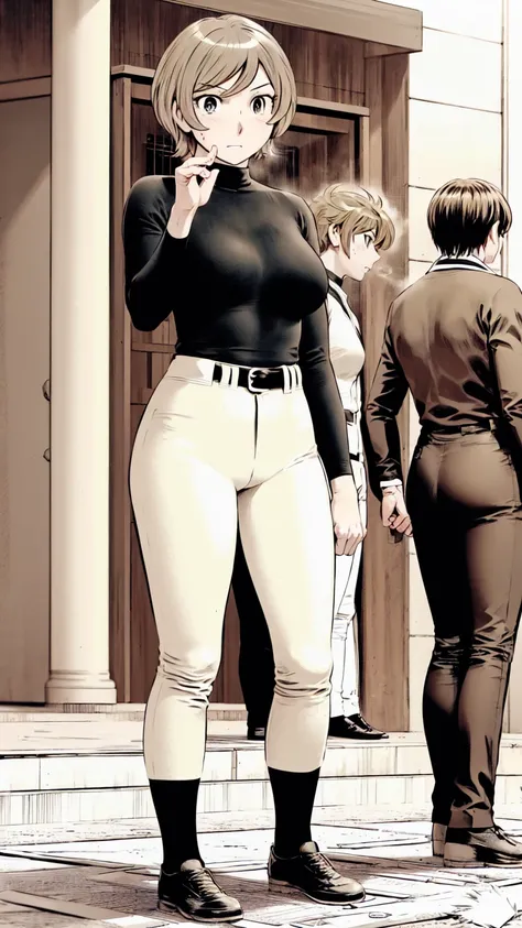 (野球uniform:1.2),
Blonde Hair, (short hair:1.2),Long sleeve, Black Shirt, turtleneck,White trousers、uniform、Black belt、((Illustration of people))、Big Boobs、
View Audience,, (Highest quality:1.3),One Girl, White pants、uniform、Outdoor、baseball ground、ground、s...