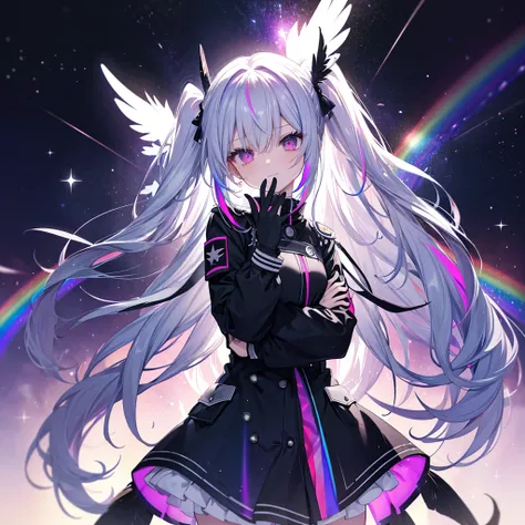 Black clothes, blue eyes, Silver Hair, Half Up, Ahoge, Eye patch、((Archangel　Fantasy　Rainbow Hair　Make your hair rainbow-colored on the inside　Twin tails　Dull red eyes　There is a galaxy　uniform　Put on a coat without putting your arms through it　Wings many ...