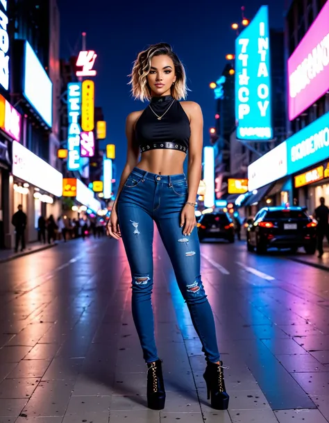 (realistic,photography:1.2), full body shot, slender sexy woman, 28 years old, techno aesthetic, techno fashion, festival outfit, tight Crop Top, white tight skinny jeans, black make-up, smoky eyes, neon lights, cityscape background, vibrant colors, high c...