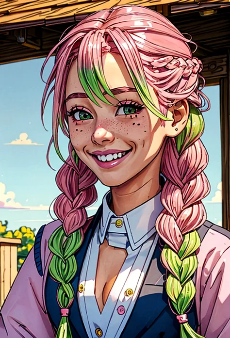 a school uniform with an open chest、pink and green hair gradient、mainly pink hair、smile、mole under both eyes、smile、braids ⓜ arti...