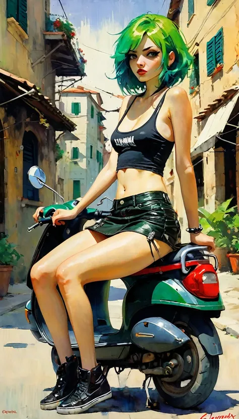 Very sexy girl, green hair, punk look, sitting on a scooter, motorcycle, black leather miniskirt, on a stone Italian town street, tank top, pronounced nipples, small breasts,(art inspired in Bill Sienkiewicz). oil painting) 