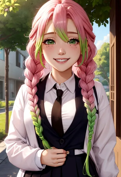 a school uniform with an open chest、pink and green hair gradient、mainly pink hair、smile、mole under both eyes、smile、braid、artisti...