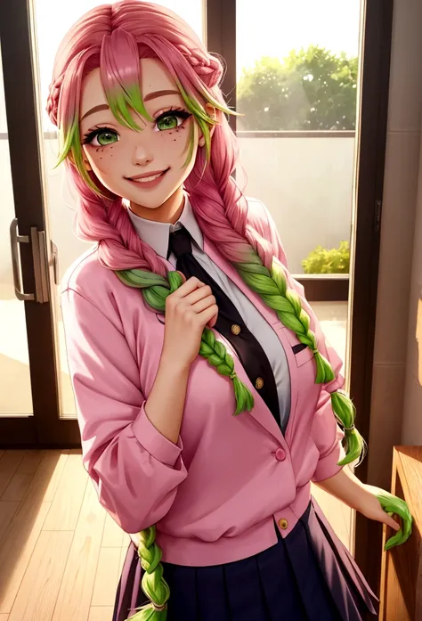 a school uniform with an open chest、pink and green hair gradient、mainly pink hair、smile、mole under both eyes、smile、braid、artisti...