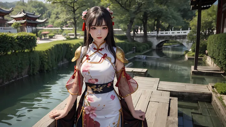 beautiful girl, (cheongsam with plated armor at upper arms:1.2), standing in a traditional chinese garden with cherry blossom, high quality render, extremely detailed