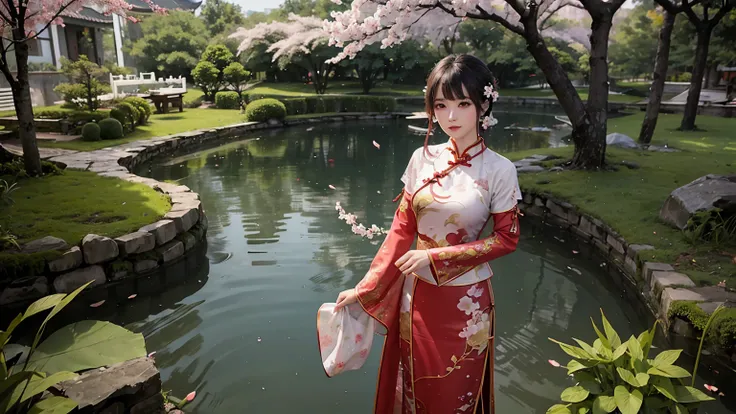 beautiful girl, (cheongsam with plated armor at upper arms:1.2), standing in a traditional chinese garden with cherry blossom, high quality render, extremely detailed