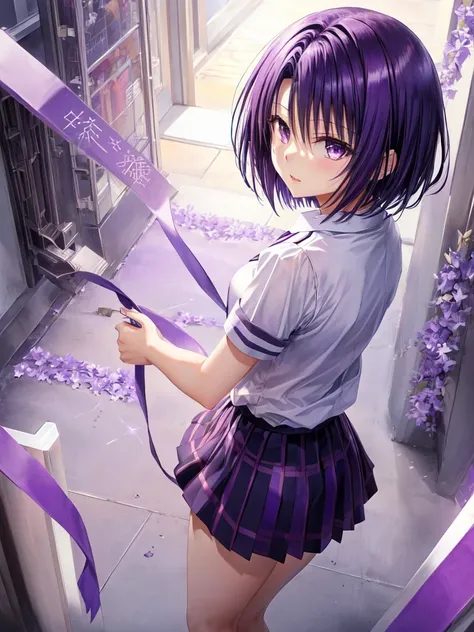 kanade suzu,standing,dark puple fluffy hair,dark purple eyes,short hair,uniform,shirt,skirt