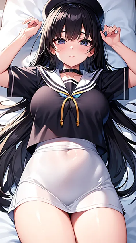 JK　Long Black Hair　Wearing a small sailor uniform　18-year-old　Big Breasts　sleeping face　On the bed　