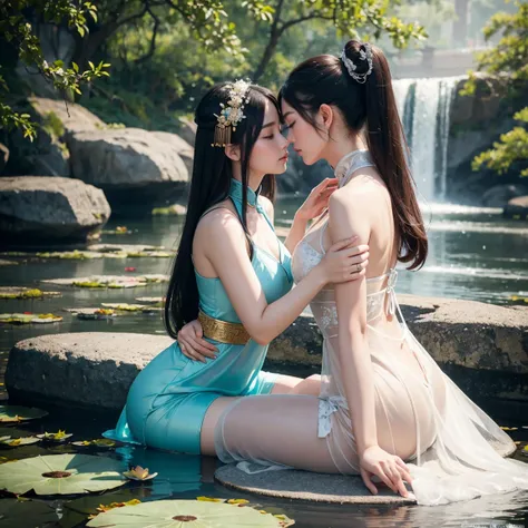 An ancient Chinese beauty sitting on a stone, two gorgeous and stunning beauty is deeply in love with each other, kiss, wearing ancient Chinese clothing, flowing tulle, light silk, lazy posture, large lotus leaf, lotus, ink painting style, clean color, dec...