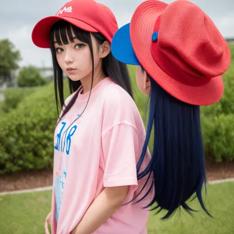 1girl,anime,hair black with red hat,blue shirt,cat hat pink,y2k