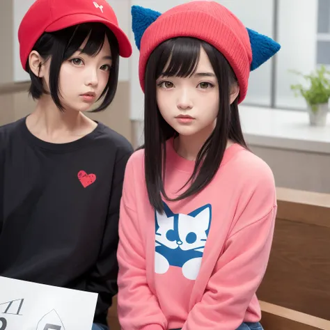 1girl,anime,hair black with red hat,blue shirt,cat hat pink,y2k