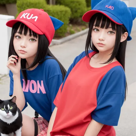 1girl,anime,hair black with red hat,blue shirt,cat hat pink,y2k