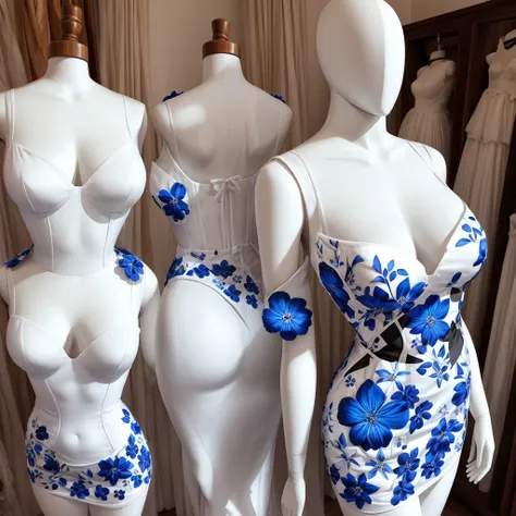 mannequin white, black blue dress with cutout on the thigh.open shoulders, blue flowers