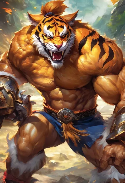 Kintaro close-up of a tiger in armor, Tiger_beast, muscular werewolf has 4 arms, Fur-clad barbarian Goliath, fighting game character, As a character in Tekken, Barack, Hybrid from the Varrior dynasty, Sabretooth, Anthropomorphic tiger, goron brute, muscled...