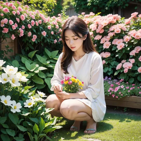 spring has arrived, a beautiful girl is busy taking care of flowers in the small garden in her yard, sunlight exposure, warm color, vibrant, beauty, peaceful, high quality, Ultra HD, 4k, 8k, hyper detailed, extreme detail description