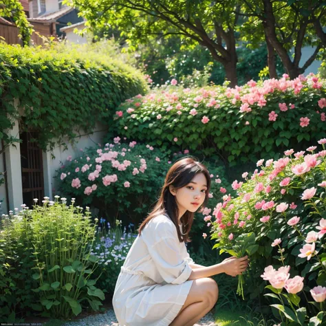 spring has arrived, a beautiful girl is busy taking care of flowers in the small garden in her yard, sunlight exposure, warm color, vibrant, beauty, peaceful, high quality, Ultra HD, 4k, 8k, hyper detailed, extreme detail description