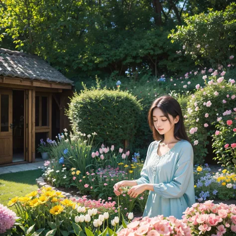 spring has arrived, a beautiful girl is busy taking care of flowers in the small garden in her yard, sunlight exposure, warm color, vibrant, beauty, peaceful, high quality, Ultra HD, 4k, 8k, hyper detailed, extreme detail description