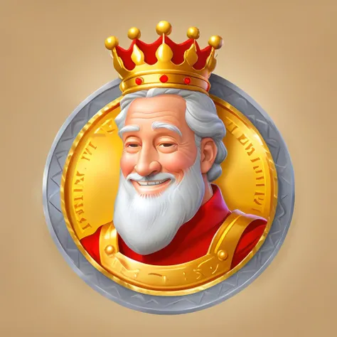 The character is a kind inspired by Disney Pixar, He wears a crown, Smiles, look at me, old man, next to a coin with the image of the king in profile, a gold coin, the profile of the king on the coin, a beautiful coin with the image of the king, the profil...