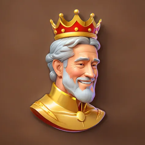 the character is a kind inspired by disney pixar, he wears a crown, smiles, look at me, old man, next to a coin with the image o...