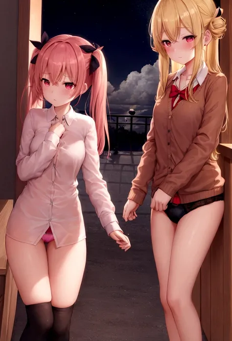 2girls, yuri, lewd touching, blonde hair red eyes, scholar, wallpaper, depth of field, night, light particles, light rays, sidelighting, delicate thighs, open jacket, plug, cloud, panties, ribbons, cute girl, sex, stuffed animals, bedroom, hair accessory, ...