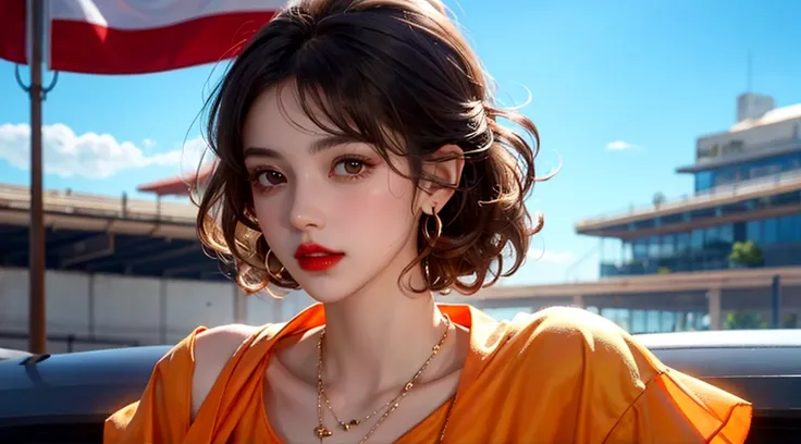 xuer dieselpunk, 1girl, jewelry, ground vehicle, dark skin, earrings, day, orange shirt, eyewear on head, outdoors, necklace, blurry, short hair, red lips, looking at viewer, blue sky, curly hair, parted lips, hoop earrings, blurry background, brown hair, ...