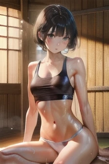 (Cowboy Shot),(Perfect Anatomy,Highest quality、超High resolution、High resolution、Highly detailed CG、8K Unit Wallpaper),20-year-old、alone,Beautiful attention to detail,Black Hair,Short Bob Hair,Blunt Bang,Wet Hair,(Small breasts,Slender body,skinny,Sweat),Gl...