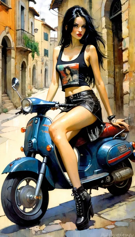 Very sexy girl, long black hair, punk look, sitting on a scooter, motorcycle, black leather miniskirt, on a stone Italian town street, tank top, pronounced nipples, small breasts,(art inspired in Bill Sienkiewicz). oil painting) 