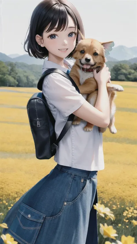 An incredibly charming  carrying a backpack, accompanied by her adorable puppy, enjoying a lovely spring outing surrounded by beautiful yellow flowers and natural scenery. The illustration is in high definition at 4k resolution, with highly-detailed facial...