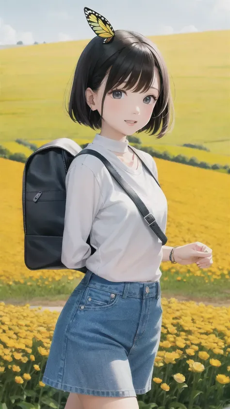 An incredibly charming  carrying a backpack, accompanied by her adorable puppy, enjoying a lovely spring outing surrounded by beautiful yellow flowers and natural scenery. The illustration is in high definition at 4k resolution, with highly-detailed facial...