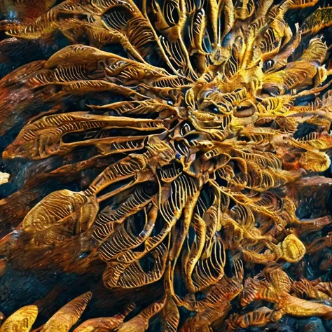  an intricate circulatory system made of organic matter, originating from a red heart , dominant yellow and orange color tonality, growing on a fractal background, brilliant colours, masterpiece, highly detailed, 4k resolution,  3d modelling, digital art