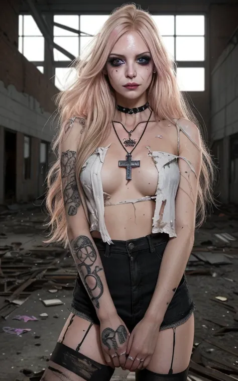 8k，Delicate facial features，ultra-clear，Pink  blonde Long Hair，Abandoned factory buildings，tattered torn shirt，blackstockings，Heavy makeup，Smoky makeup，eye shadows，self-shot，looking toward the viewer，ssmile，Tattooed with，cross necklace，the night，