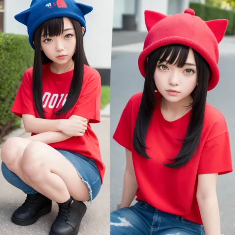 1girl,anime,hair black with red hat,blue shirt,cat hat pink,y2k