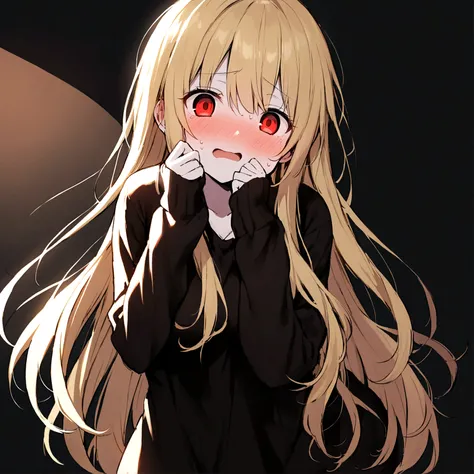 Young yandere girl, posing shy and excited, nervous expression, blushing, slim, medium large breasts, light, cold and slightly pinkish skin, playful look, penetrating red eyes, blond hair, long hair, black sweatera, female dark room background