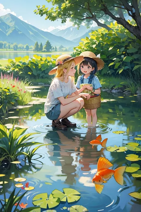 Two lively little girls，They all wore straw hats，Wear shorts and short sleeves。The two of them were playing happily beside the clear pond.。They squatted by the water，Holding a delicate little basket in hand，A few lively little fish can be vaguely seen jump...