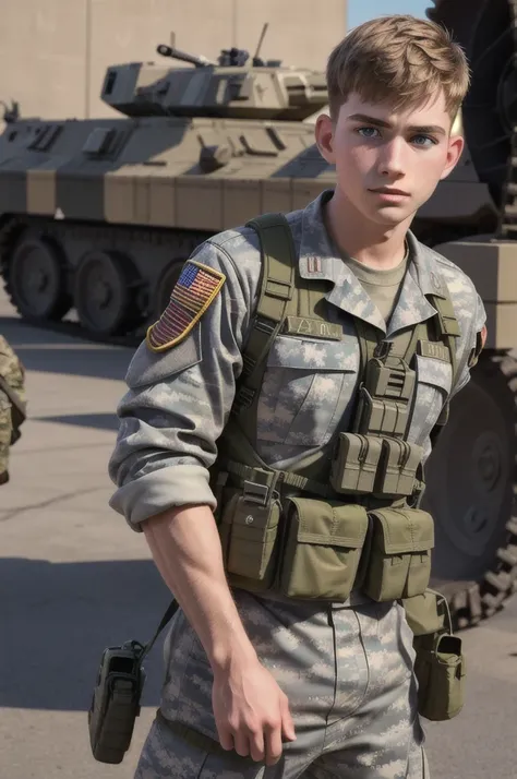 ((masterpiece)), ((best quality:1.2)), High Resolution, 8k, (ultra_realistic:1.3), (photorealistic:1.4), sharp focus, yaoi, 1boy, (perfect face), american soldier, caucasian, white man, handsome sexysoldier,,with military equipment,,name donny r