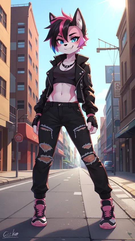 furry girl, dog, multicolored hair, pink hair, black hair, mohawk, makeup, black eyeshadows, blue eyes, ((fingerless gloves, black rock jacket, open clothes, tank top, midriff, pants, shoes)), narrowed eyes, detailed body fur, detailed face, detailed eyes,...