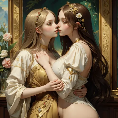 (masterpiece, best quality:1.5), oil painting by Leonardo da Vinci and Alfons Maria Mucha, perfect anatomy, two gorgeous and stunning pale-skinned young pregnant goddesses is deeply in love with each other, kiss, fantastic make-up, jewelry, flower