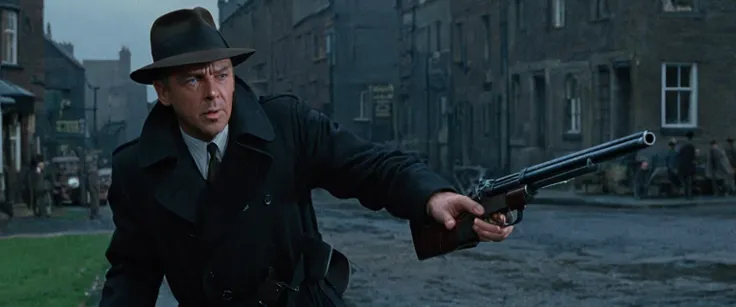 score_9, score_8_up, score_7_up, source_photo, photography, realistic, detailed, cinematic angle, rating safe, from side, Wide shot, 1boy, 45years old, Eliot Ness in Black Trench Coat is holding a submachine gun to viewer, masterpiece, 8k,