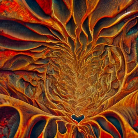  an intricate circulatory system made of organic matter, originating from a red heart , dominant yellow and orange color tonality, growing on a fractal background, brilliant colours, masterpiece, highly detailed, 4k resolution,  3d modelling, digital art