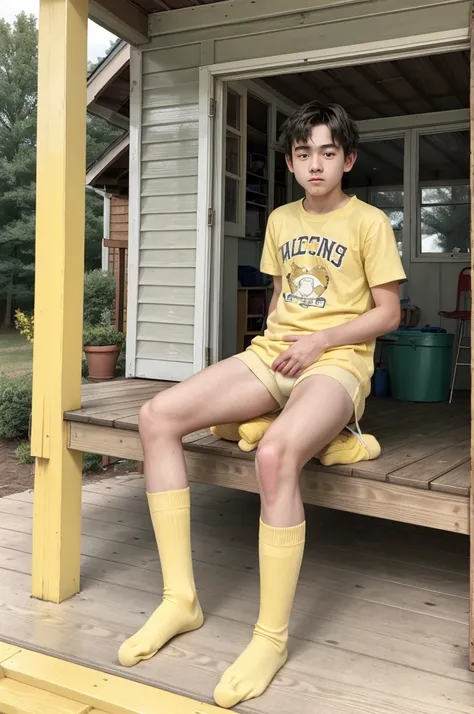 young teenager, Unclothed,  yellow socks, porch 